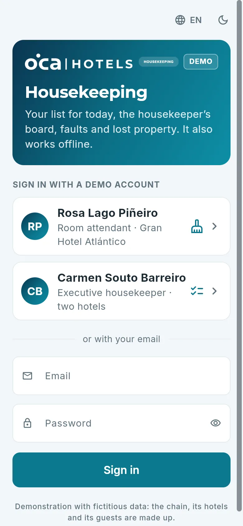 The housekeeping app on a mobile: the demo sign-in screen.