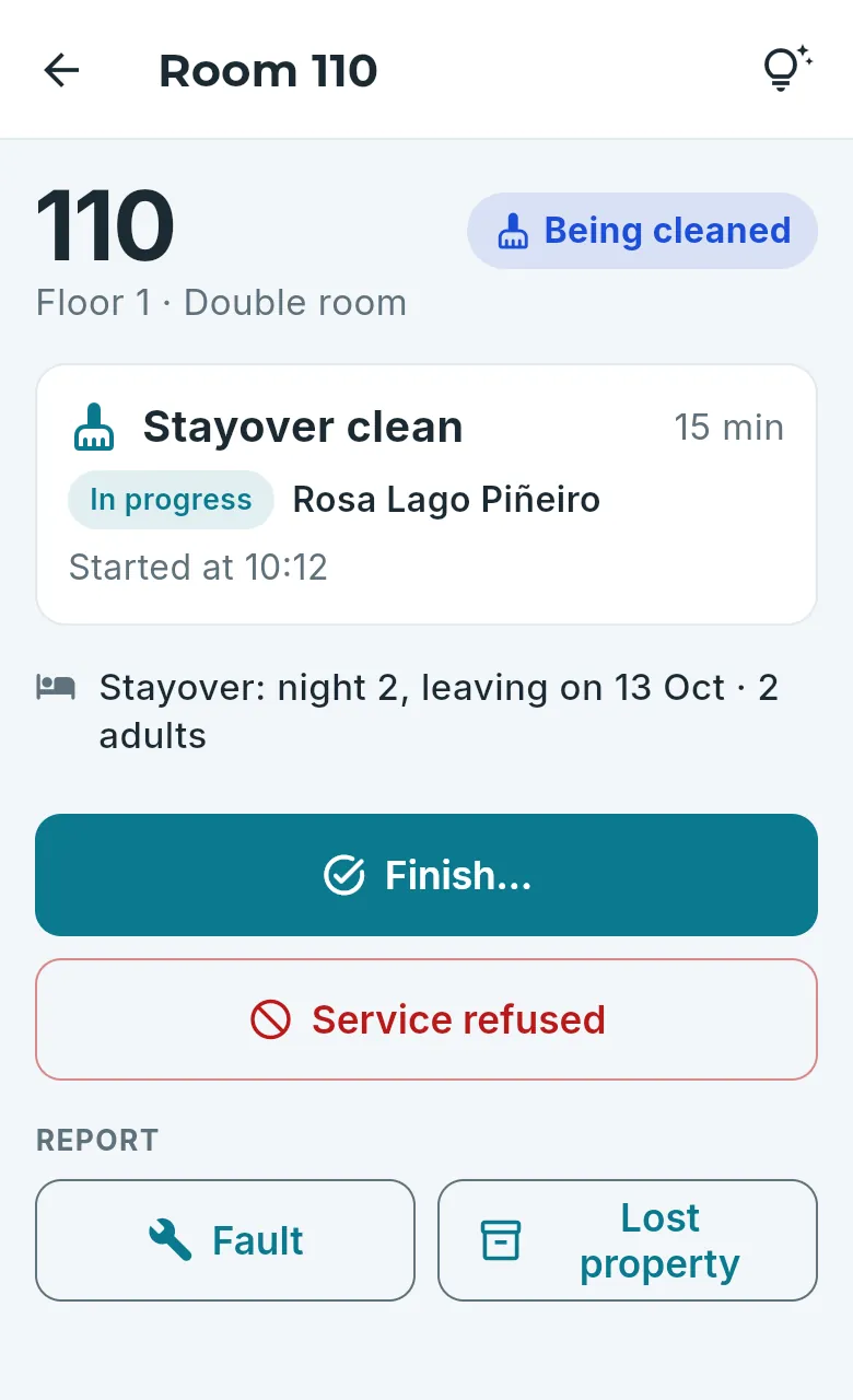 The same screen with the room being cleaned.