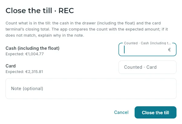 Closing the till: counted against expected.