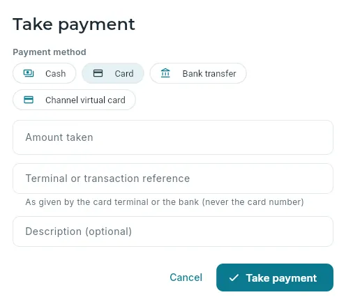 Taking a payment on account for a booking (a deposit).