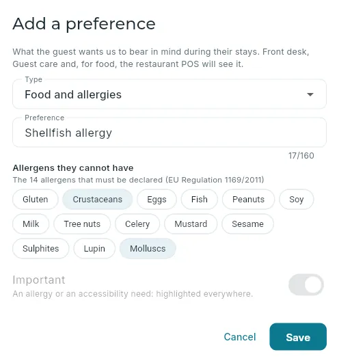 Recording an allergy, with its allergens.