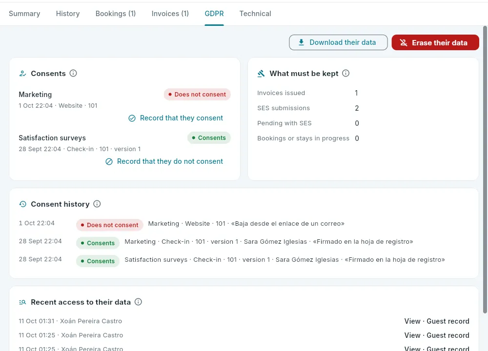 The “GDPR” tab of a guest who withdrew their marketing consent.