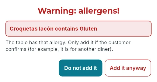 Ordering something with one of the table’s allergens (here, a table opened offline with a gluten allergy).