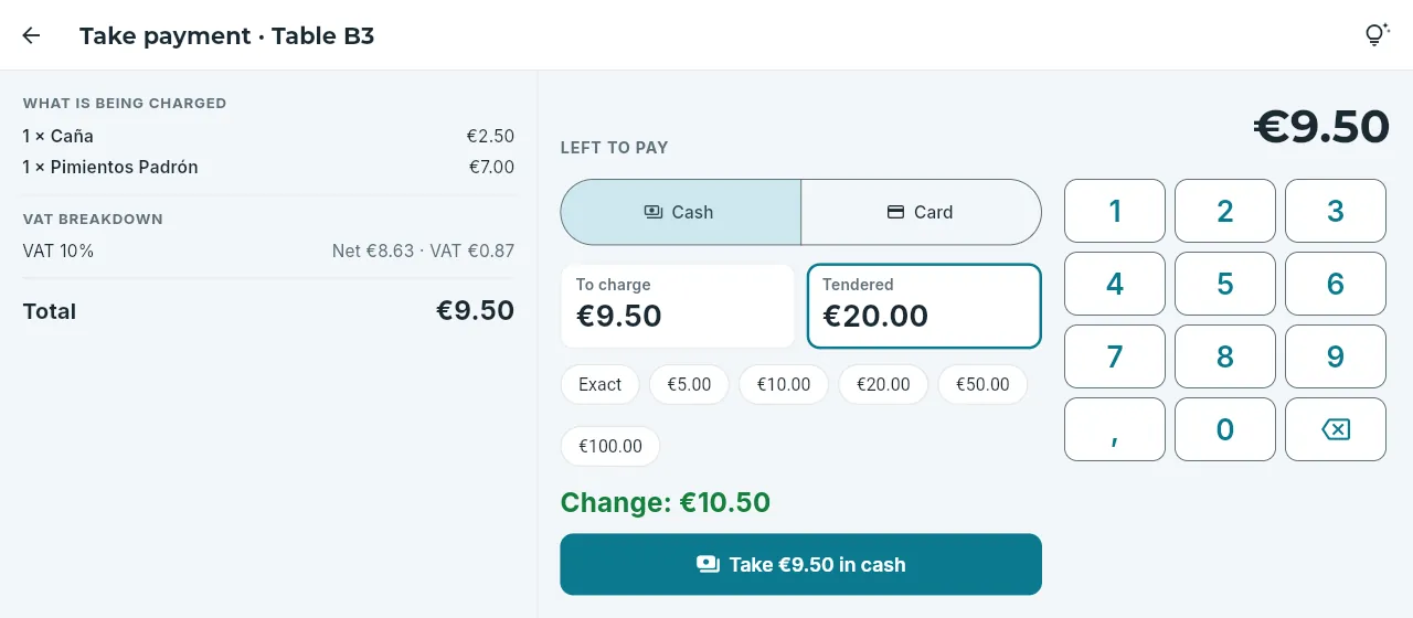 Taking payment in cash: the amount tendered and the change.