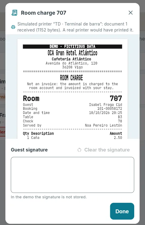 The charge slip, for the guest to sign (here, made offline).