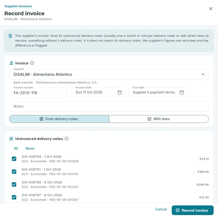 Recording a supplier’s monthly invoice from their delivery notes.