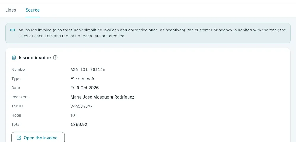 The “Source” tab: the invoice that produced the entry.