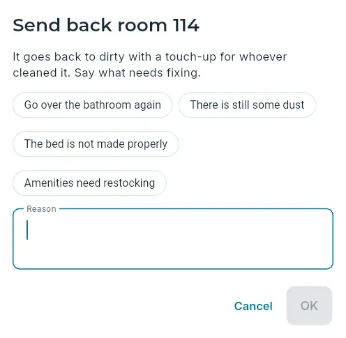 Sending a room back with a reason.