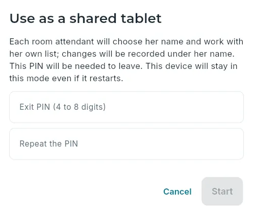 Putting the tablet into shared mode, with a PIN.