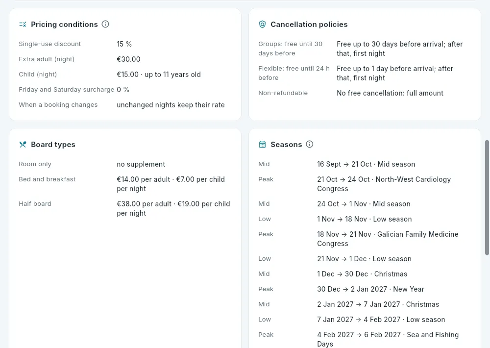 Further down: the pricing conditions, the cancellation policies, the board types and the seasons of hotel 101.