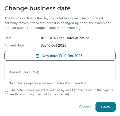 Changing the business date of hotel 101.