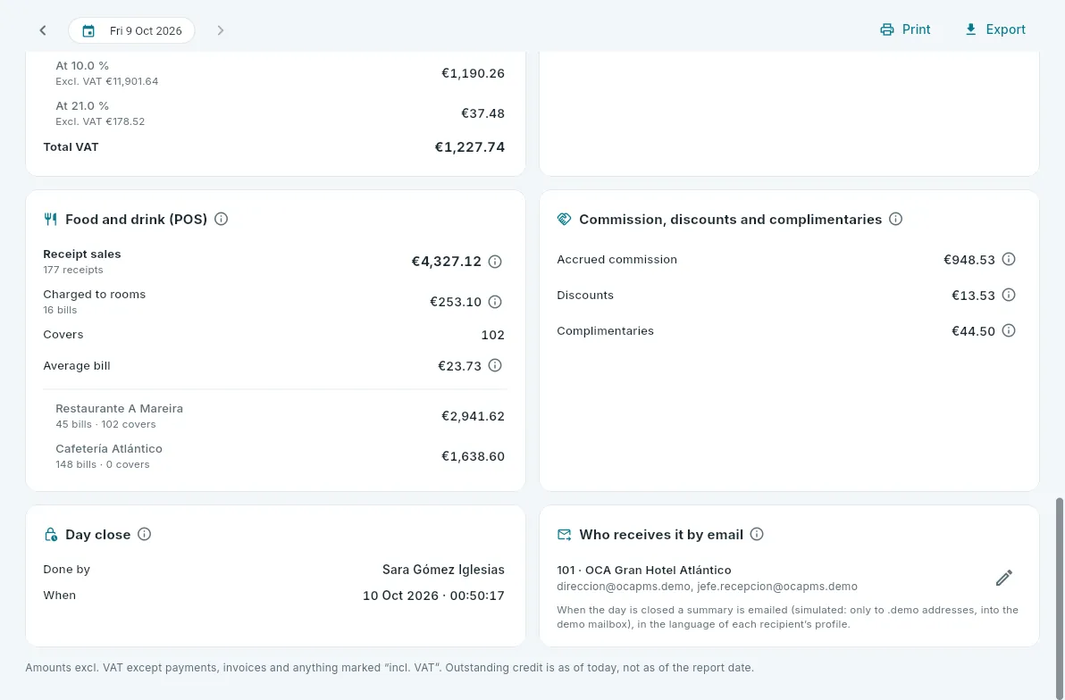 The end of the daily report: VAT, food and drink, commission, the day close and who receives it by email.