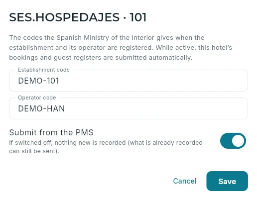 The SES.HOSPEDAJES codes for hotel 101 (made up, in the demo).