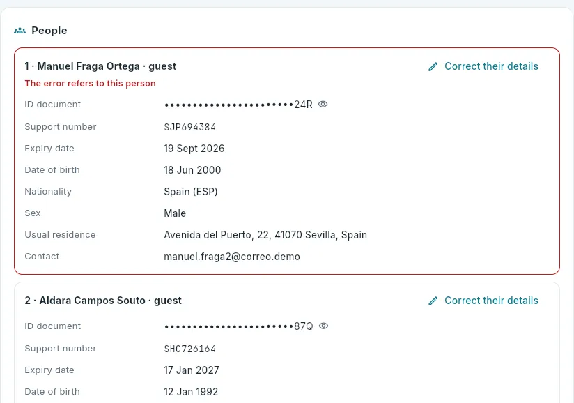 The people in the guest register, with the one the error refers to highlighted.