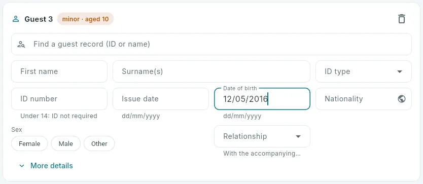 A minor: with the date of birth, the form asks for the relationship.