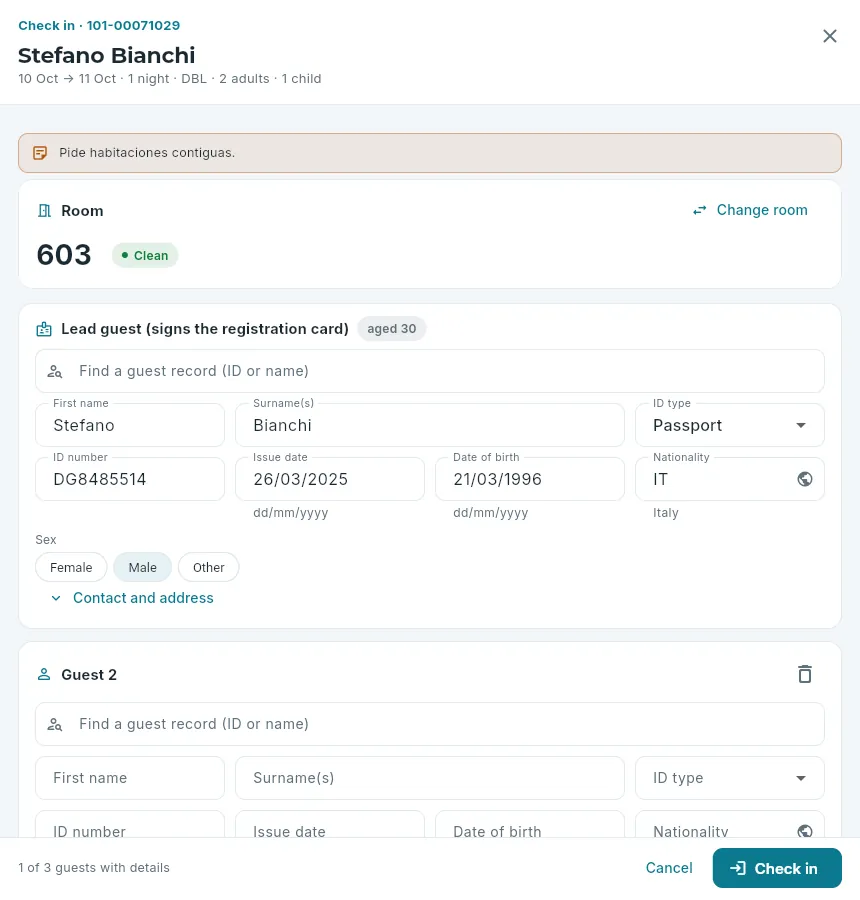 Check-in for a booking of two adults and one child.