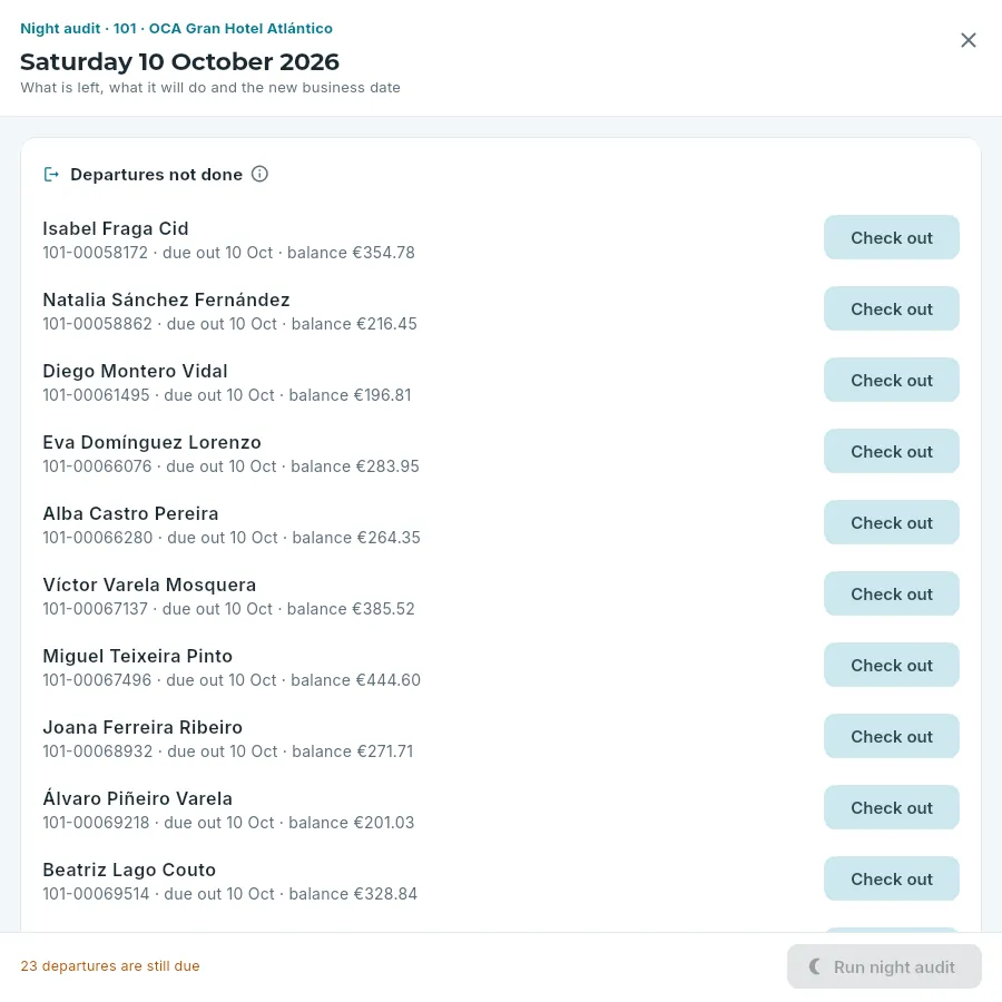 The night audit for hotel 101 in mid-morning: there are still departures to do.