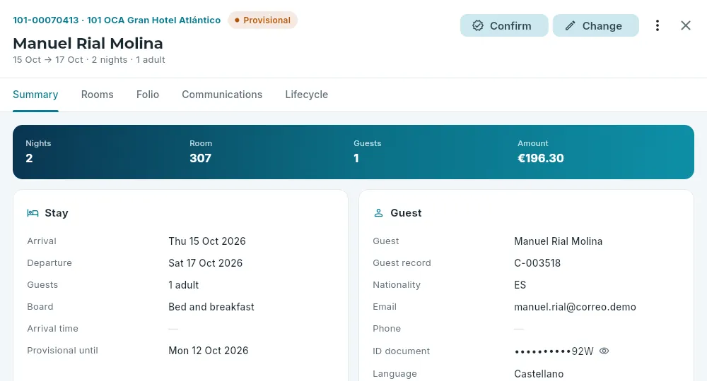 A provisional booking: “Confirm” in the header and the date until which it is held.