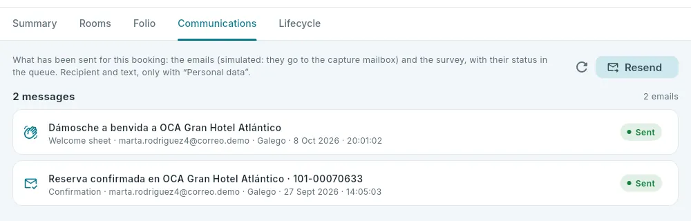 What has been sent for an in-house booking.