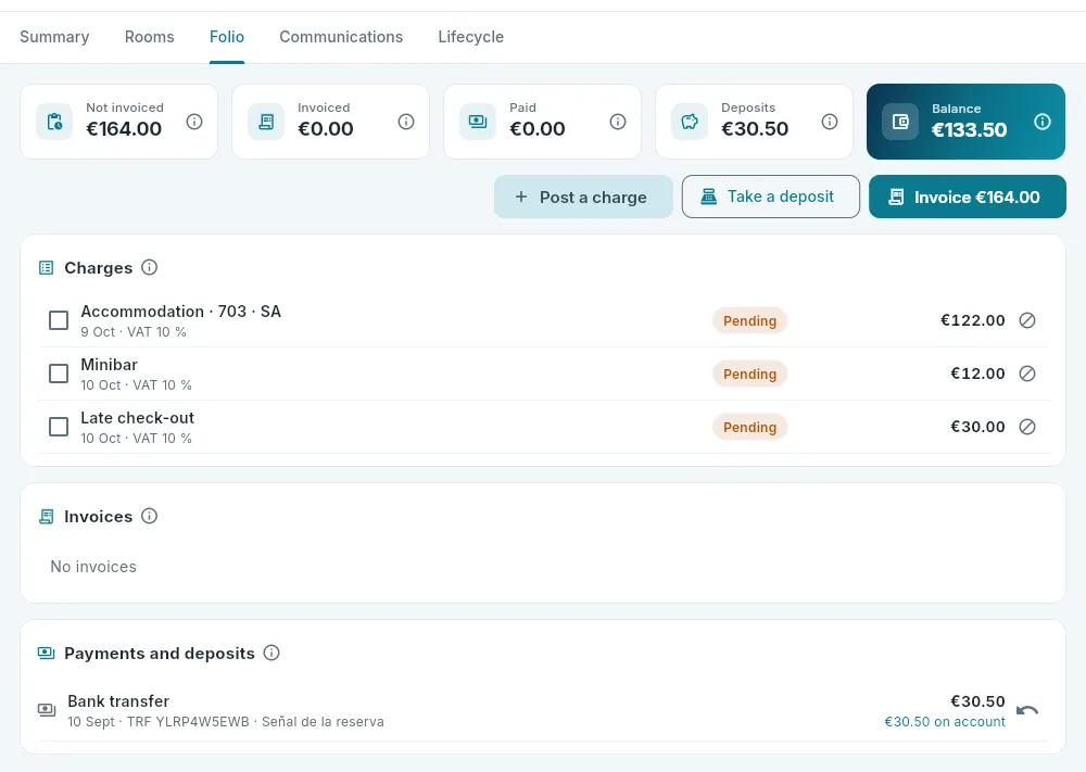 The folio of an in-house booking: what the guest has consumed, not yet invoiced, and a deposit.