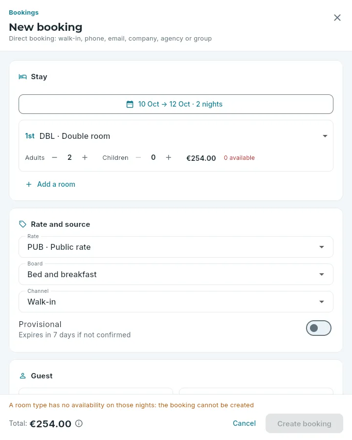 The form for a direct booking, with the live quote.