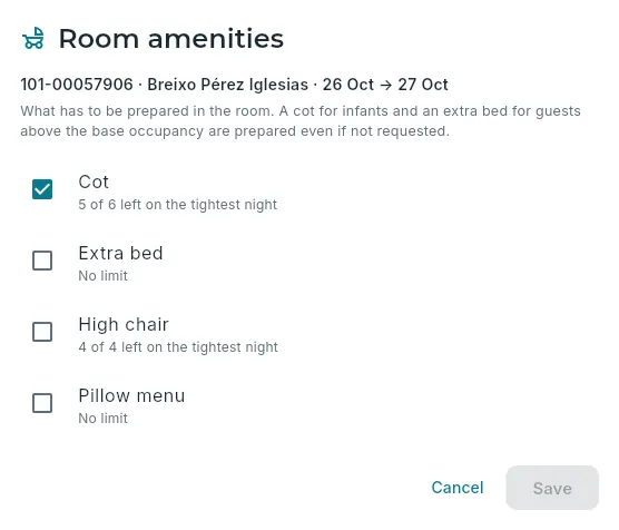 The room’s services: how many of each are left.