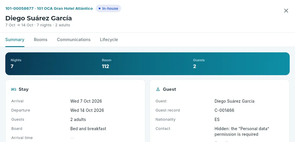 The same booking seen by the executive housekeeper (opened from the room planner): no amounts, no contact details and no buttons.