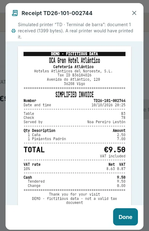 A receipt issued offline: the terminal gives it its number.