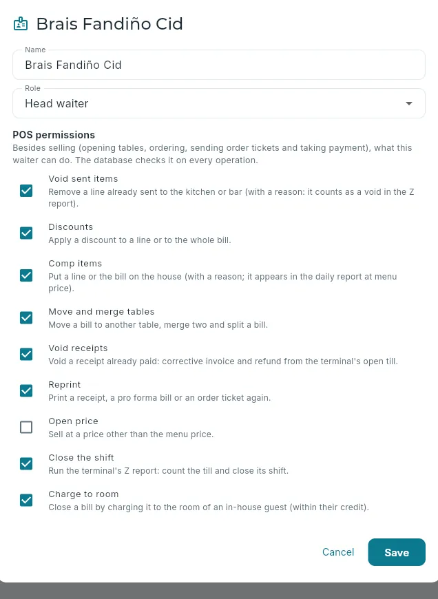 A waiter: their role and POS permissions.