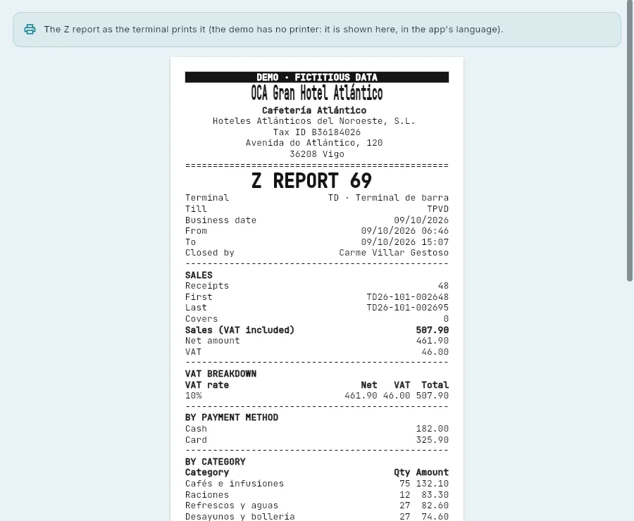 The same Z report as the terminal prints it.