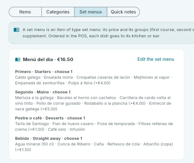 The set menu.