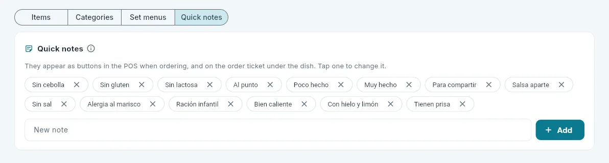 Quick notes for order tickets.