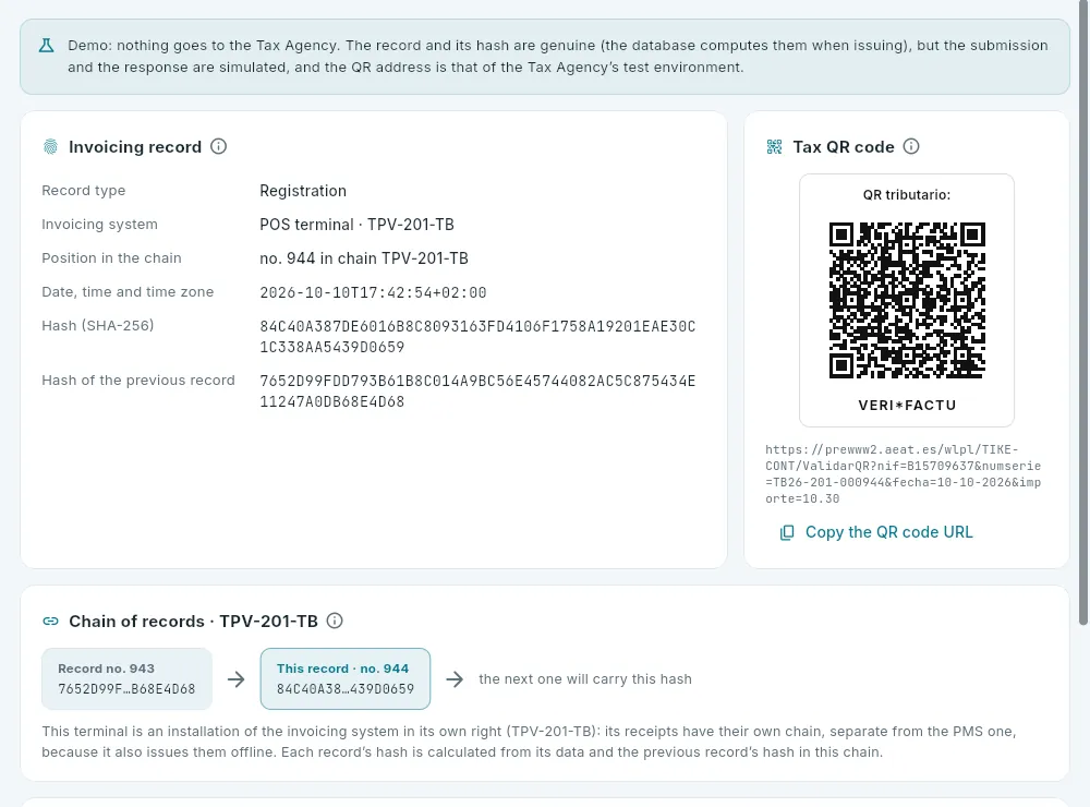 Its Verifactu record, in its terminal’s chain.
