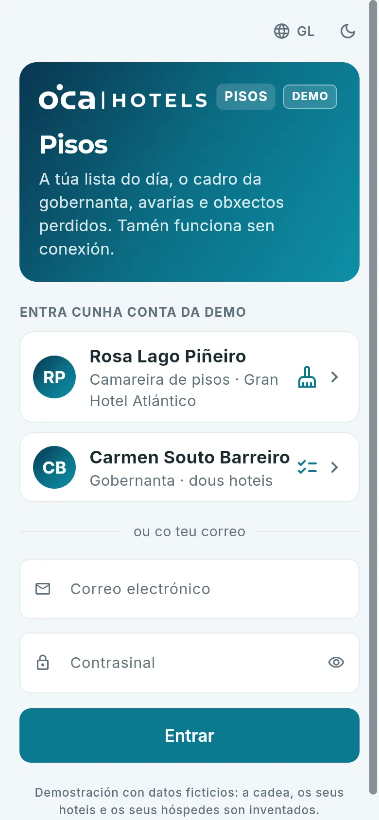A app de pisos no móbil: a pantalla de acceso da demo.