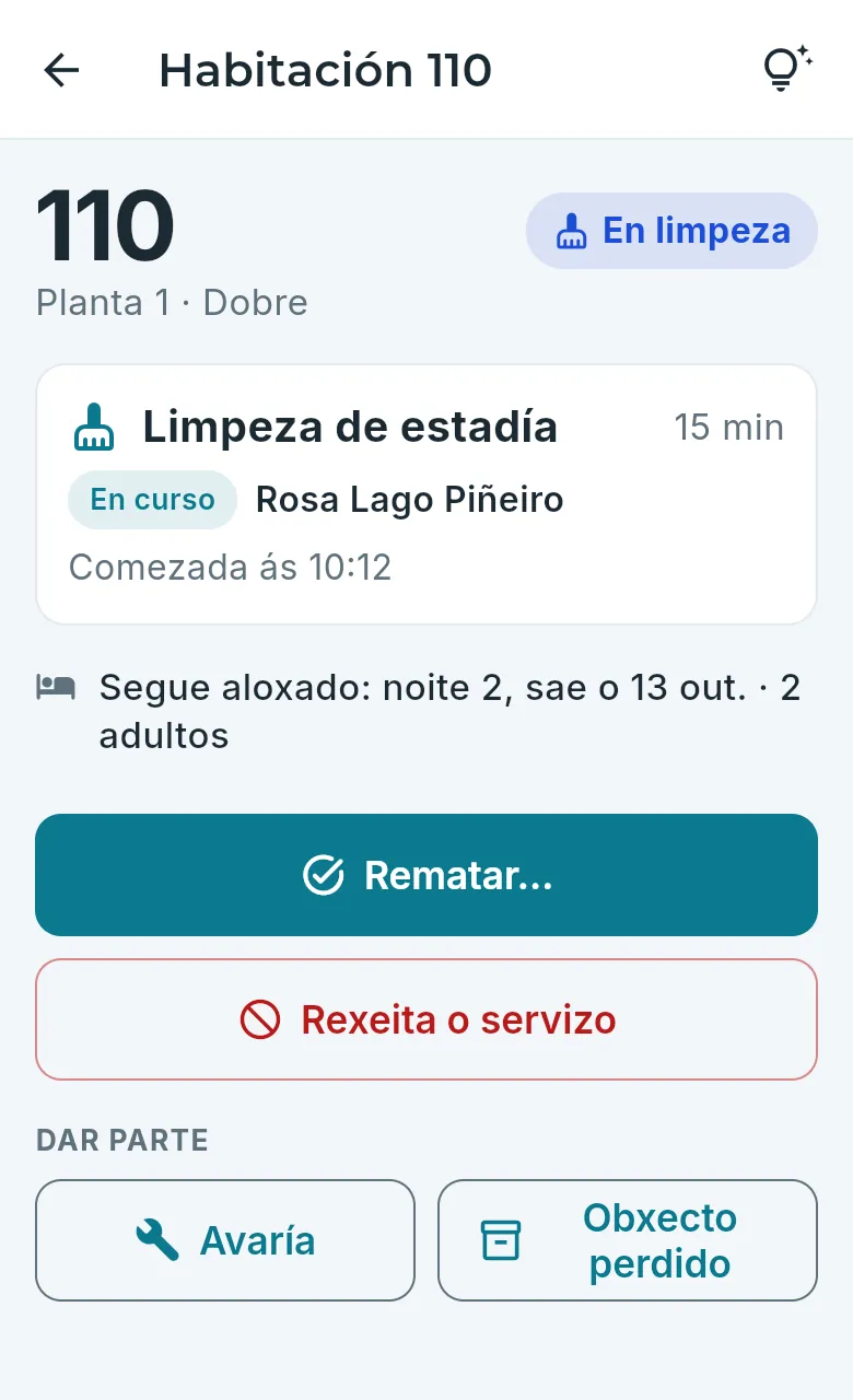 A mesma pantalla coa habitación en limpeza.