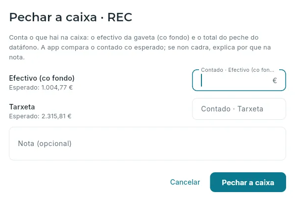 Pechar a caixa: o contado fronte ao esperado.