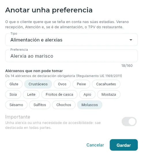 Anotar unha alerxia, cos seus alérxenos.