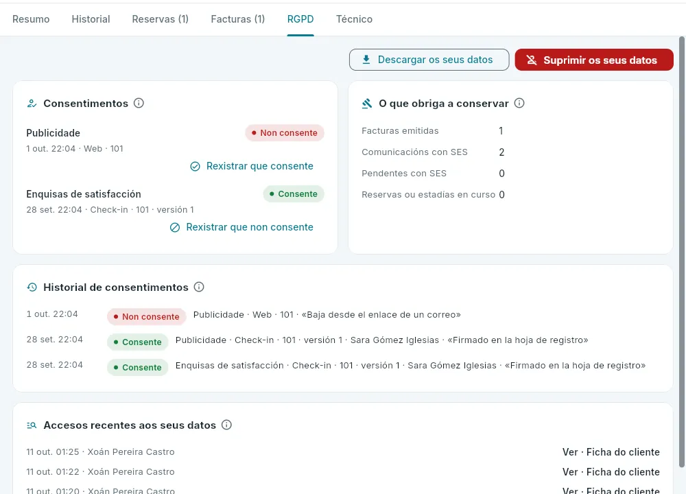 A lapela «RGPD» dun cliente que retirou o seu consentimento de publicidade.