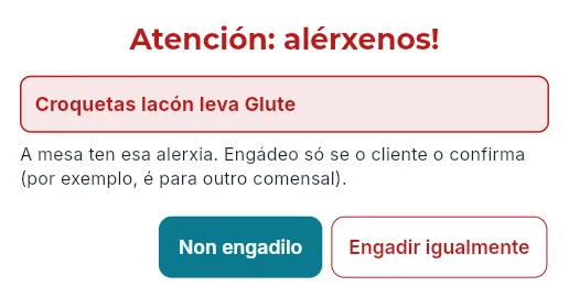 Pedir algo cun alérxeno da mesa (aquí, unha mesa aberta sen conexión con alerxia ao glute).