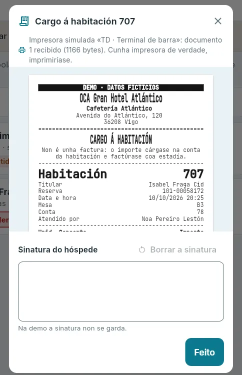 A nota de cargo, para que a asine o hóspede (aquí, feita sen conexión).