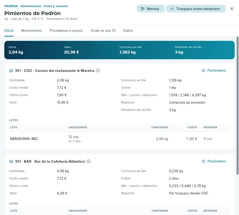 A ficha dun artigo perecedoiro: o seu stock en cada almacén, cos seus lotes.