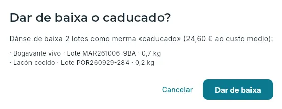 Dar de baixa dous lotes caducados.