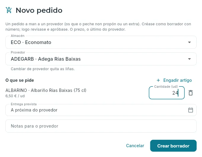 Un pedido a man de viño para o economato.