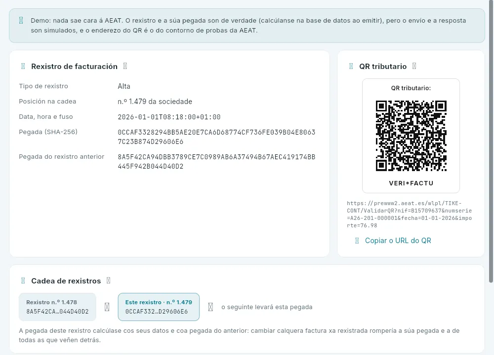 Lapela «Verifactu» da mesma factura.