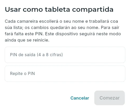 Poñer a tableta en modo compartido, cun PIN.