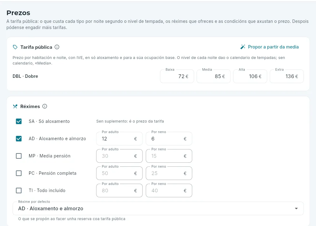 Paso 4: os prezos da tarifa pública e os réximes.