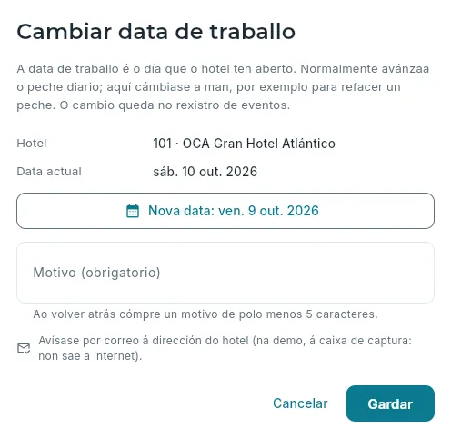 Cambiar a data de traballo do hotel 101.