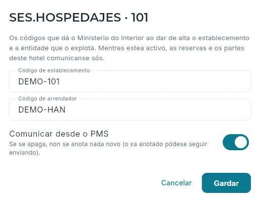Os códigos de SES.HOSPEDAJES do hotel 101 (na demo, inventados).