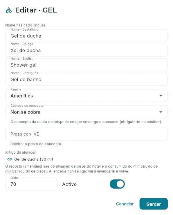 Un amenity ligado co seu artigo do almacén.