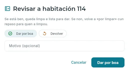 Revisar unha habitación: dala por boa ou devolvela.